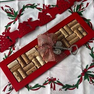 Festive Red Wine Cork tray handmade with corkscrew tied with ribbon